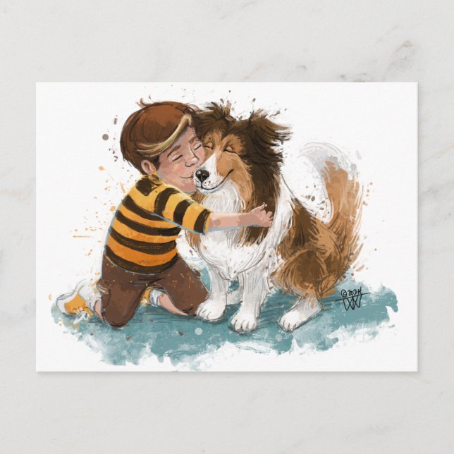Postal Abrazo de Sheltie y perro niño (Anverso)