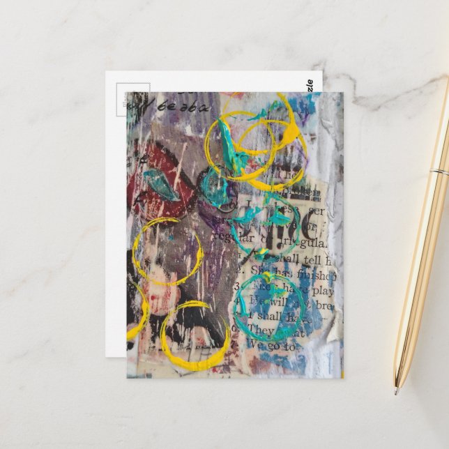 Postal abstract collage blue yellow circles (Anverso/Reverso In Situ)
