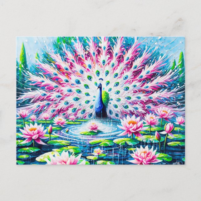 Postal Abstract Peacock by the Pond with Water Lilies (Anverso)