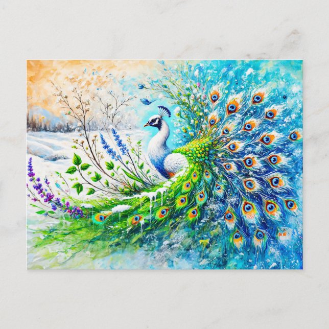 Postal Abstract Peacock in Spring with Snow and Flower (Anverso)
