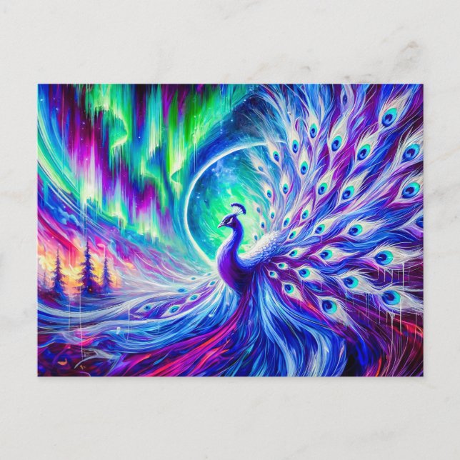 Postal Abstract Peacock in Winter with Northern Lights (Anverso)