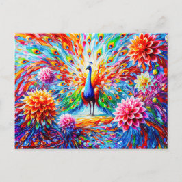 Postal Abstract Peacock with Colorful Dahlias Autumn