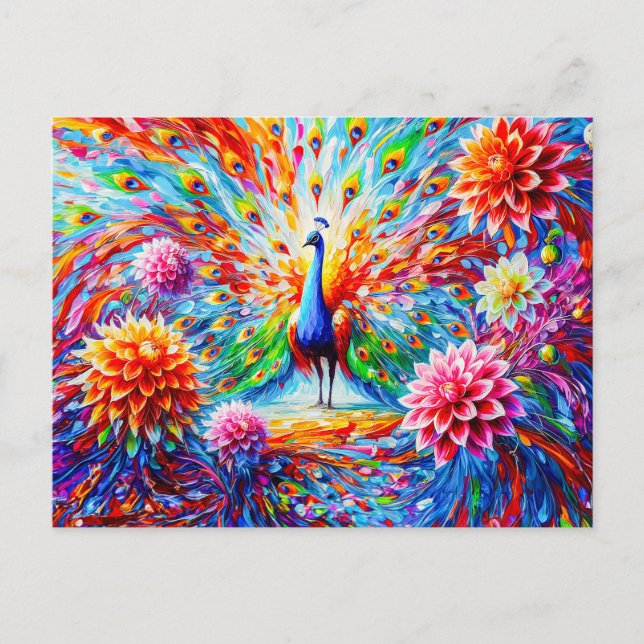 Postal Abstract Peacock with Colorful Dahlias Autumn (Anverso)