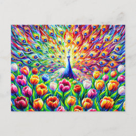 Postal Abstract Peacock with Colorful Tulips in Paint