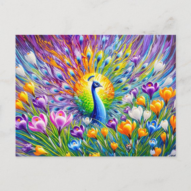 Postal Abstract Peacock with Crocuses in Oil Paint (Anverso)