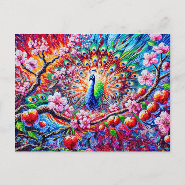 Postal Abstract Peacock with Peach Tree in Colorful Paint (Anverso)