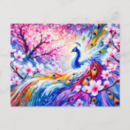 Postal Abstract Peacock with Peach Tree in Colorful Paint