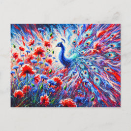 Postal Abstract Peacock with Poppies and Cornflowers