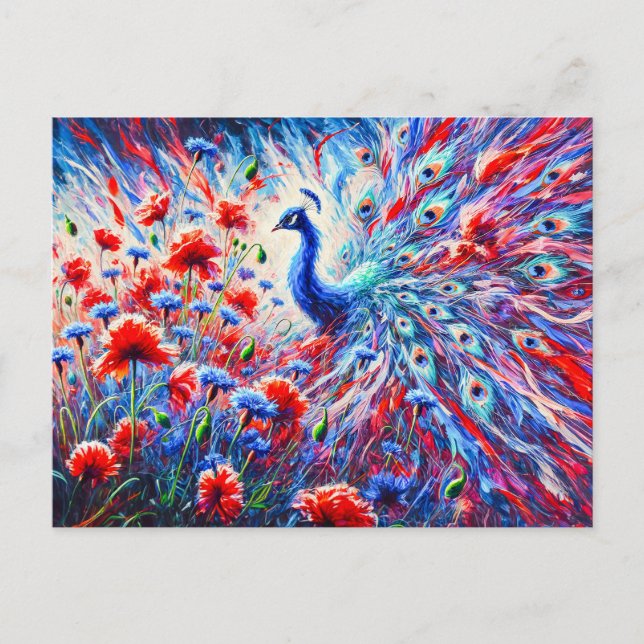Postal Abstract Peacock with Poppies and Cornflowers (Anverso)