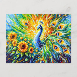 Postal Abstract Peacock with Sunflowers in Painting