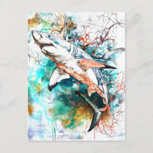 Postal Abstracto Ilustracion acuarela de un tiburón