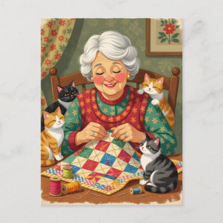 Postal Abuela Acogedora con Gatos Cosendo Colchas