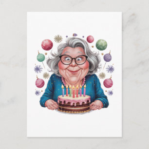 Postal Abuela Divertida Mirando Tarta Arte Cumpleaños