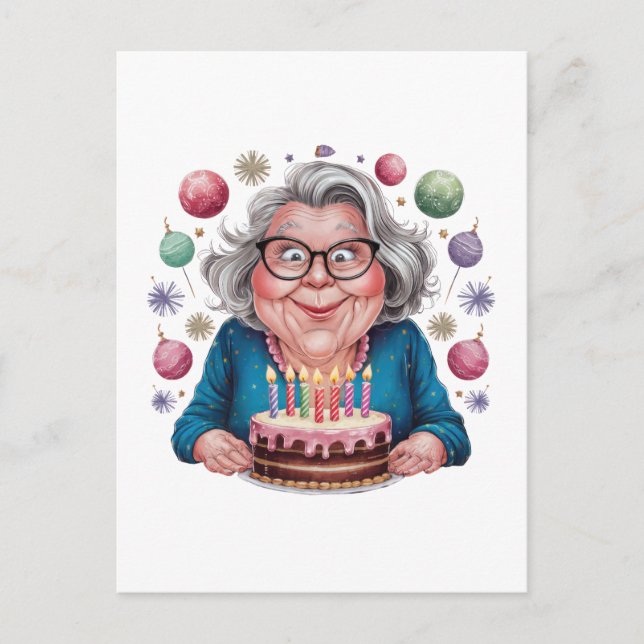 Postal Abuela Divertida Mirando Tarta Arte Cumpleaños (Anverso)