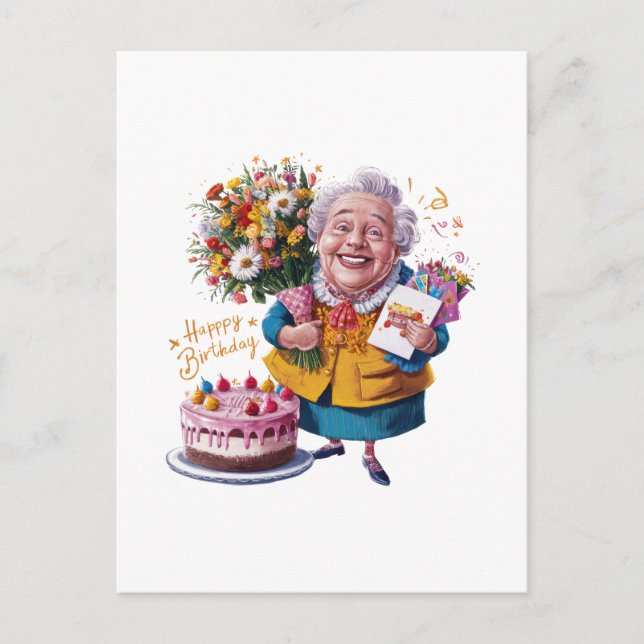 Postal Abuela en bicicleta con pastel y globos (Anverso)