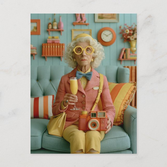 Postal Abuela Retro Caprichosa con Cámara (Anverso)