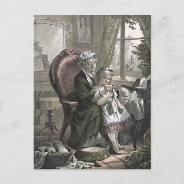 Postal Abuela vintage enseñando Kitting a nieta (Anverso)