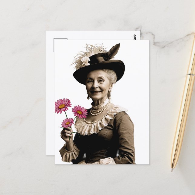 Postal Abuela Vintage Sonriente Con Flores Rosadas (Anverso/Reverso In Situ)