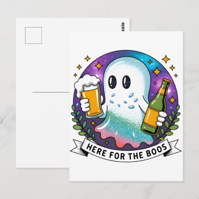 Postal Acá para el Halloween de Boos Beer Ghost-Funny 202 (Anverso / Reverso)