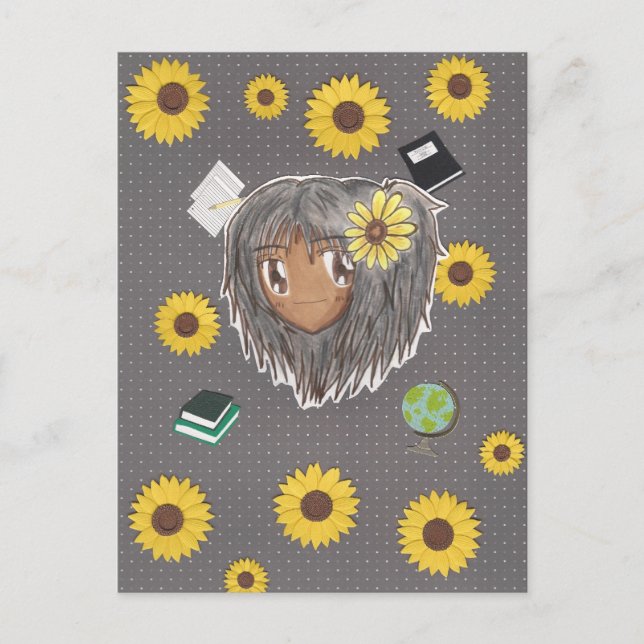 Postal Académico de girasol Hinata (chibi con fondo de co (Anverso)