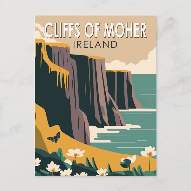 Postal Acantilados de Moher Ireland Floral Travel Art Vin (Anverso)