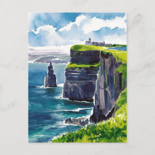 Postal Acantilados de Moher, pintura de acuarela de Irlan