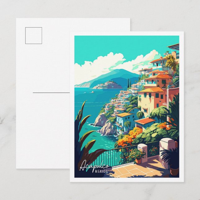 Postal Acapulco México ilustracion de viajes de arte (Anverso / Reverso)