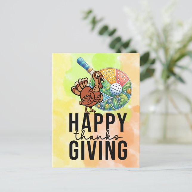 Postal Acción de Gracias con pavo y raqueta (Anverso de pie)