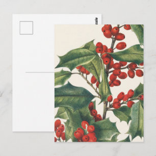 Postal Acebo Clásico de Navidad con Bayas Rojas Arte