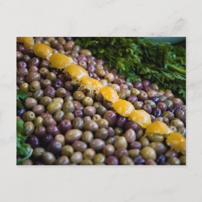 Postal Aceitunas exhibidas en el mercado (Anverso)
