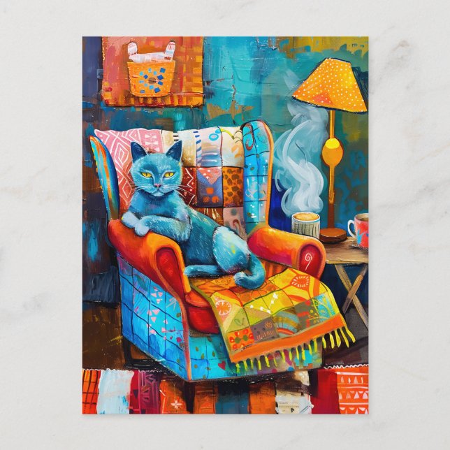 Postal Acogedor gato en sillón (Anverso)