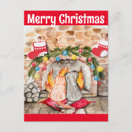 Postal Acogedores Navidades mantel con perro y gato