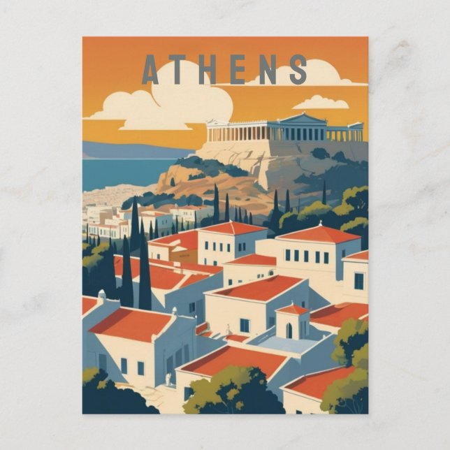 Postal Acrópolis de Atenas Grecia en arte de viajes retro (Anverso)