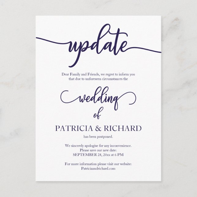 Postal Actualización de fecha de boda pospuesta Script az (Anverso)