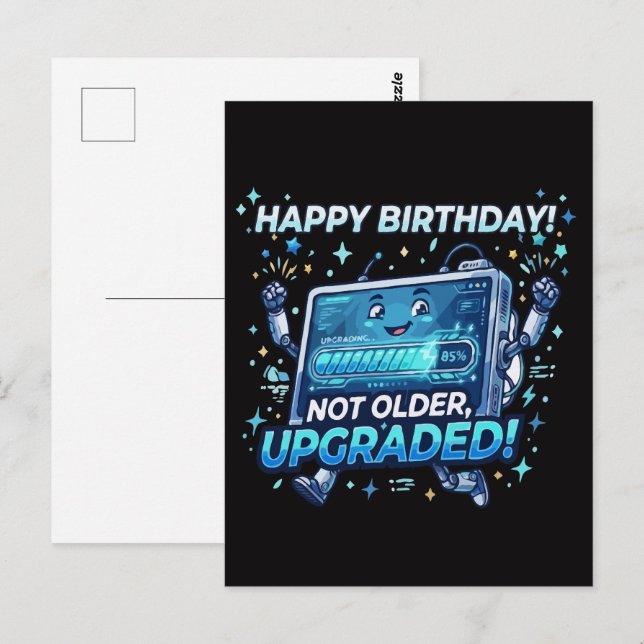 Postal Actualización divertida de cumpleaños de robot (Anverso / Reverso)