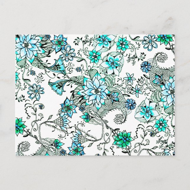 Postal Acua verde azulada acuarela de flores pintadas a m (Anverso)