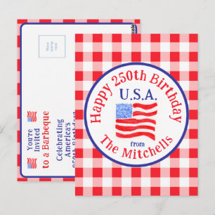 Postal Acuarela 250 Cumpleaños Bandera EEUU Rojo Cuadro I