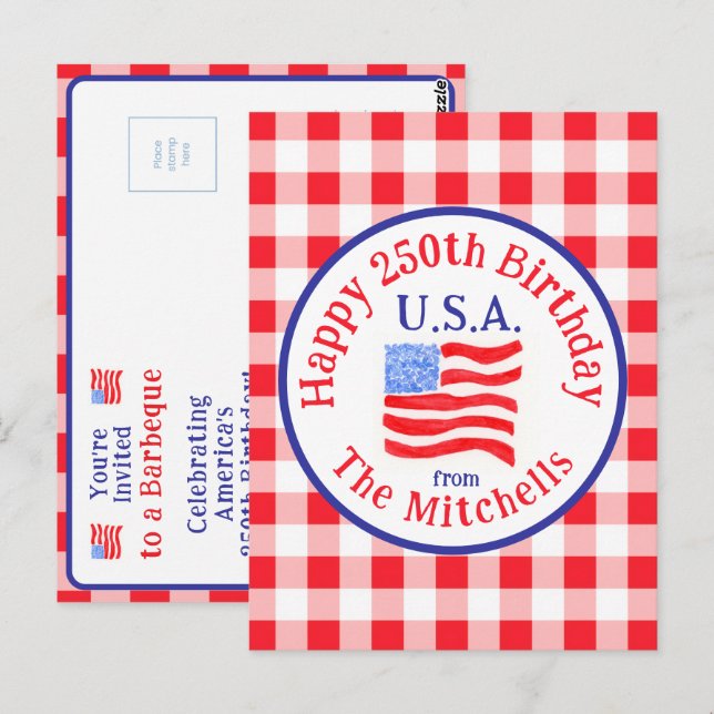 Postal Acuarela 250 Cumpleaños Bandera EEUU Rojo Cuadro I (Anverso / Reverso)