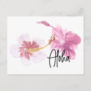 Postal Acuarela a mano Hibisco floral rosa de Hawái