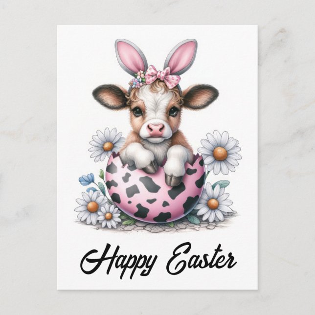 Postal Acuarela Adorable Pascua Vaca Rosa Huevo Conejo Or (Anverso)
