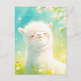 Postal Acuarela Alpaca Blanca y Flor de Cerezo Rosa