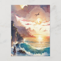 Acuarela anime de chica joven y puesta de sol