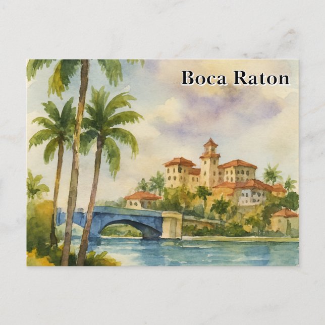 Postal Acuarela antigua de la pintoresca Boca Raton FL (Anverso)