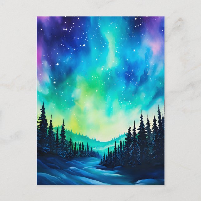 Postal Acuarela Aurora boreal luces del norte  (Anverso)