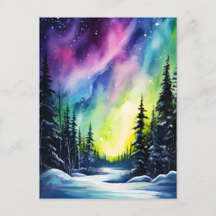 Postal Acuarela Aurora boreal luces del norte 