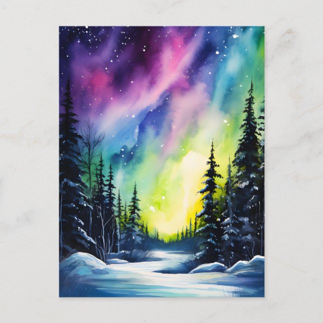 Postal Acuarela Aurora boreal luces del norte  (Anverso)