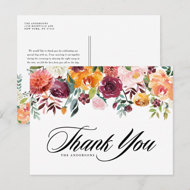 Postal Acuarela Autumn Blooms Fall Wedding Gracias (Anverso / Reverso)