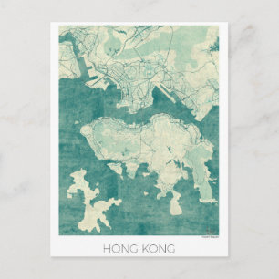 Postal Acuarela azul de cosecha de mapas de Hong Kong