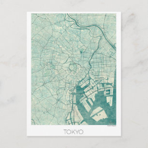 Postal Acuarela azul del vintage del mapa de Tokio
