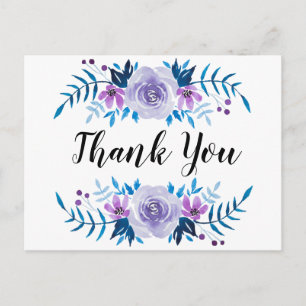 Postal Acuarela Azul Morado Floral Wreath Gracias